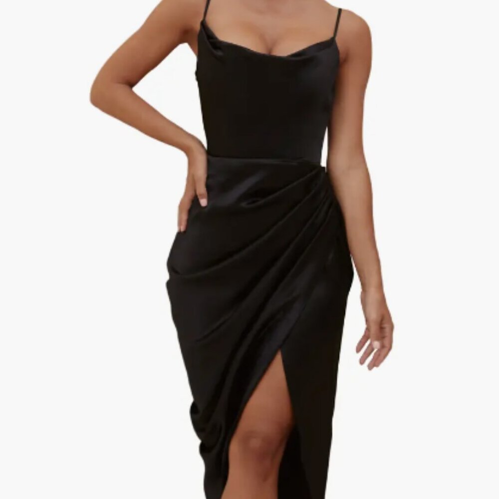 House of CB Reva Satin Gathered Corset Dress in Black, Size Medium